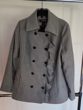 Lane Bryant Gray Double-Breasted Peacoat with Ruffle Trim